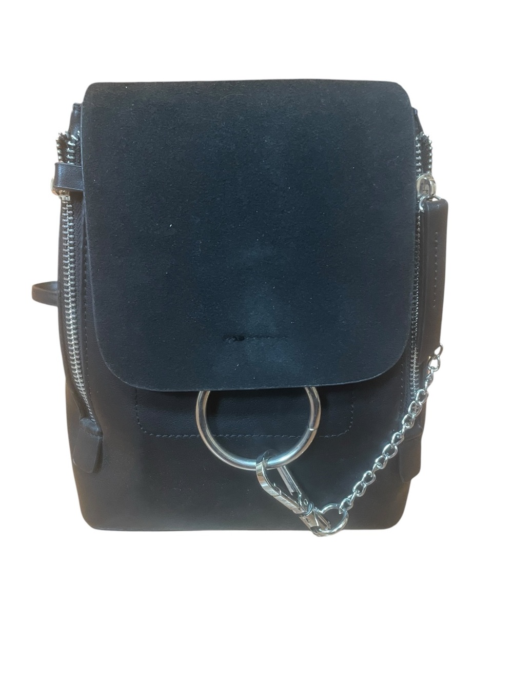 Black Suede Mini Backpack with Silver Ring and Chain